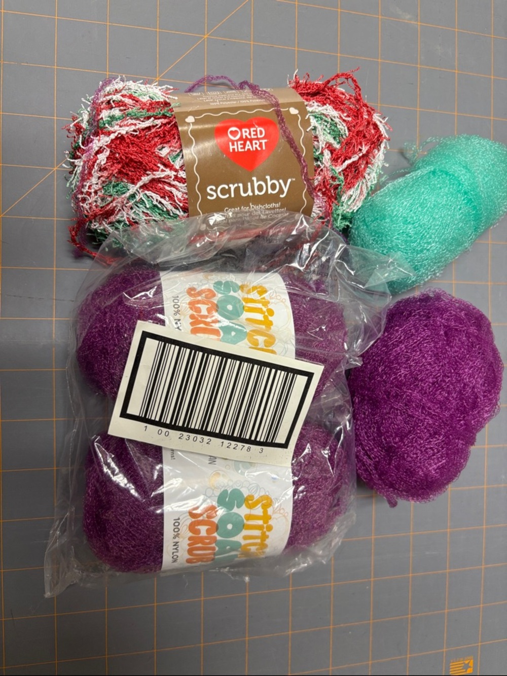 Red Heart Scrubby and Assorted Scrub Yarn Pack - Purple, Teal, Red/White/Green